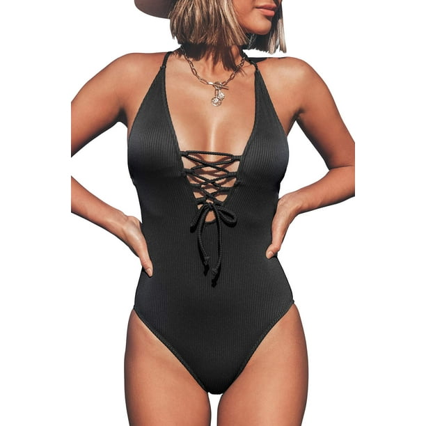 CUPSHE Womens Solid Color V Neck Lace Up One Piece Swimsuit 